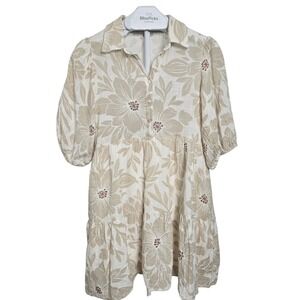 Olivaceous Floral Cotton Button Mini Dress Neutral Puff Sleeve Tiered S Bohemian